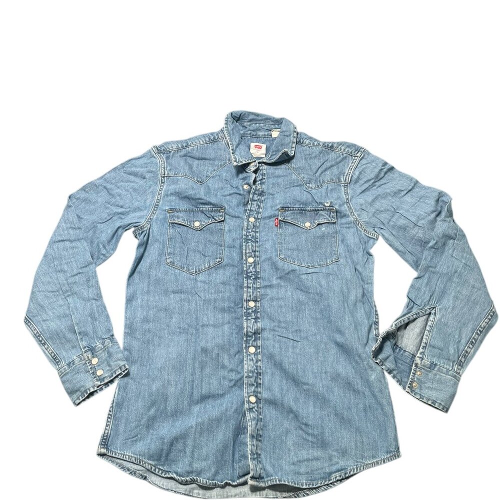 Levis Jean Shirt Men's Size Small Blue Denim Long Sleeve Front Pockets Buttom-Up